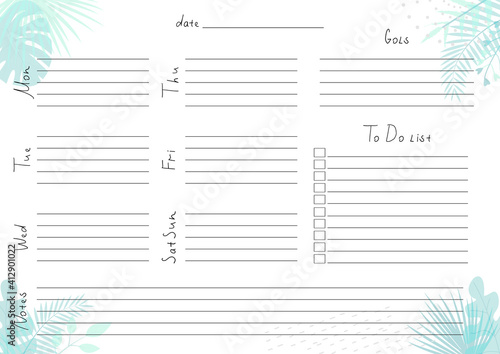 Printable A4 paper sheet with weekly planner blank to fill on background with tropical leaves. Minimalist planner for bullet journal page, habit tracker, daily planner template, blank for notebook.