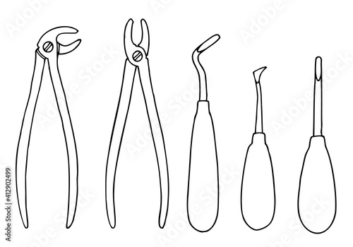 Dental surgical forceps for the upper and lower jaws and elevators for tooth extraction in doodle style.