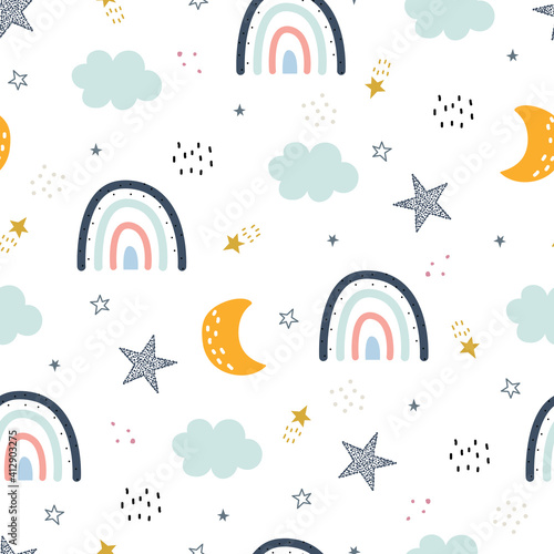 Seamless pattern rainbow with clouds and stars in the sky Hand drawn design in cartoon style on white background used for print, wallpaper, fashion fabric, textiles. Vector illustration