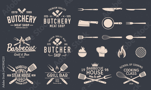 Butchery and Barbecue logos, emblems, labels, badges. Gill logos. Set of 8 logo templates. Kitchen utensils. Restaurant objects. 13 design elements for logo, banner, poster design. Vector illustration