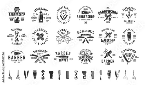 Barbershop, Barber, Haircut's salon vintage hipster logo templates. 18 Logos and 16 design elements for barber shop, haircut's salon. Barber shop emblems templates. Vector illustration photo