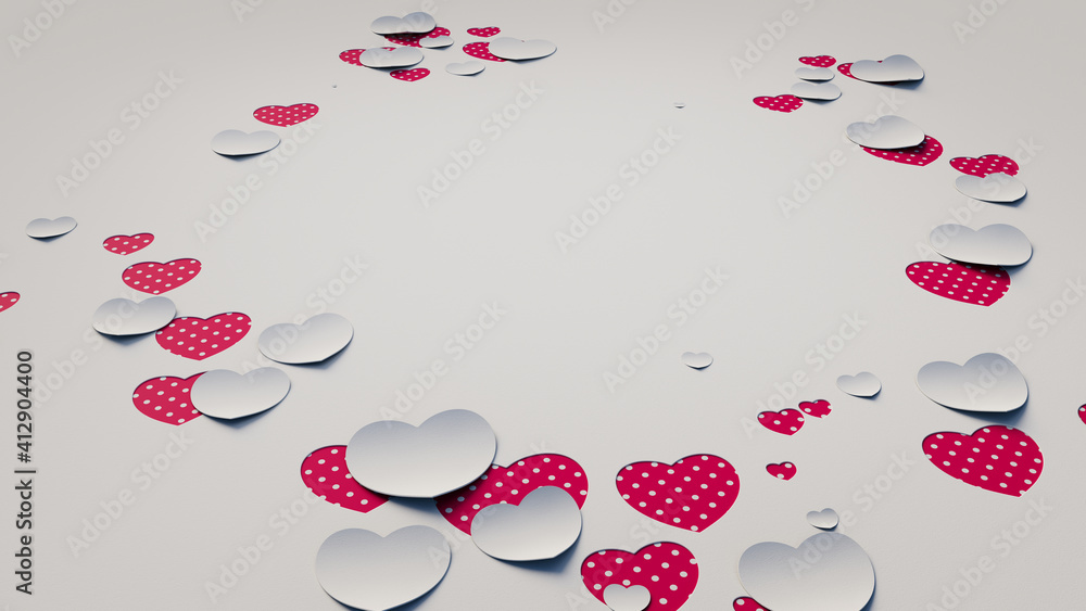 © RocknRoller Studios - Paper Heart background. White and Red polka dot Valentine Wallpaper with cut-out love hearts. 3D Render © RocknRoller Studios - Paper Heart background. White and Red polka dot Valentine Wallpaper with cut-out love hearts. 3D Render