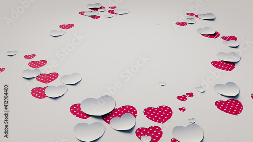 Paper Heart background. White and Red polka dot Valentine Wallpaper with cut-out love hearts. 3D Render 
