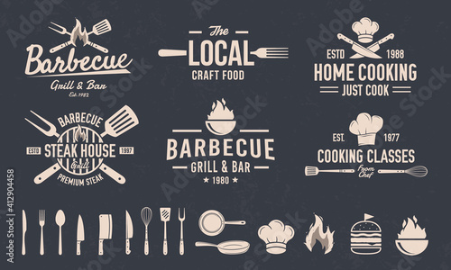 BBQ and Cooking Class emblem set.  
6 emblems and 15 elements for own design. Cooking and Kitchen logo with knives, chef hat. Grill logo with Fork and Spatula. Vector illustration