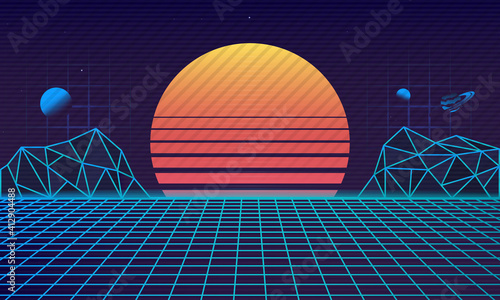 Retro futuristic 80's background. Retrowave background with retro sun, laser grid and cyber mountains. Vaporwave aesthetic. Vector illustration