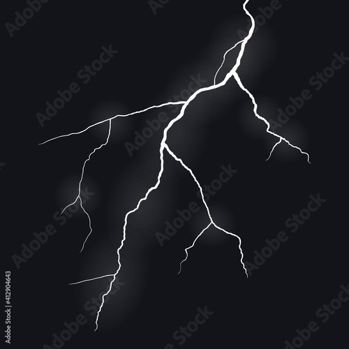 Realistic lightning bolt isolated on black background. Thunderstorm. Lightning effect. Vector illustration
