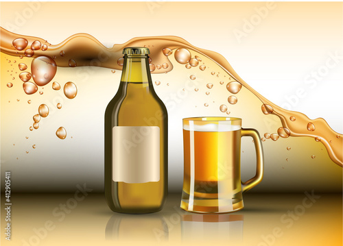 Beer bottle and glass Vector realistic. Product placement. Splash backgrounds