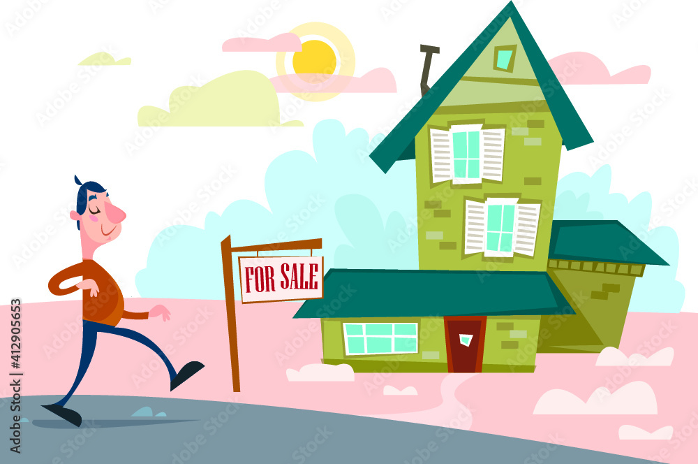 The house is for sale. Cartoon style. Vector illustration.