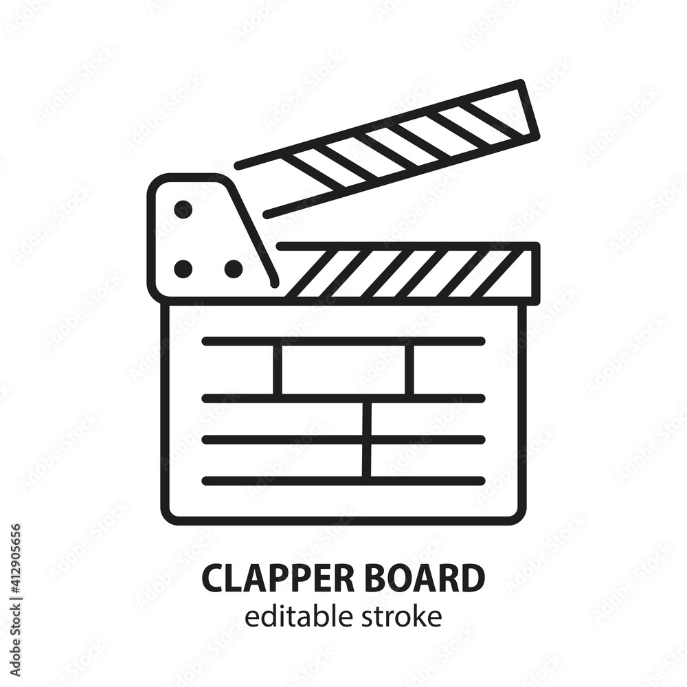 Obraz premium Movie clapper board line vector icon. Symbol of cinema. Sign of filmmaking in the form of a clapboard. Editable stroke.
