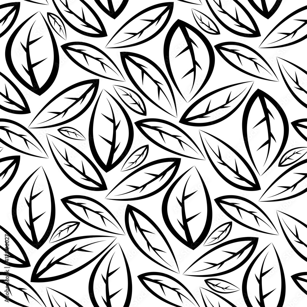 Black contour linear leaves isolated on white background. Cute monochrome seamless pattern. Vector flat graphic illustration. Texture.