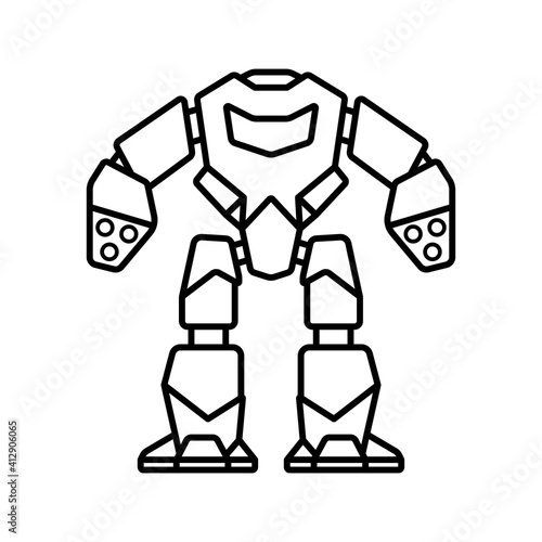 Combat robot icon. Fighting machine. Front view. Black contour linear silhouette. Vector flat graphic illustration. The isolated object on a white background. Isolate.