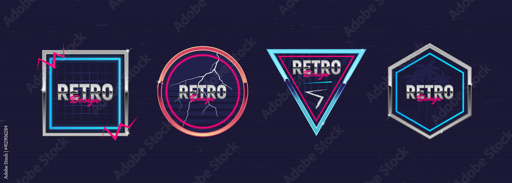 Obraz premium Retro futuristic neon frames. Outrun design elements. Hipster design. Retro 80's logos set for Night club, music album, invitation, banner, poster, cover. Print for t-shirt, tee. Vector illustration