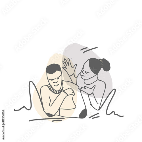 girl swears at a man, stress emotions, linear illustration