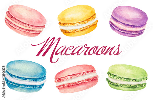 Fotografija Set of watercolor macaroons isolated on white background