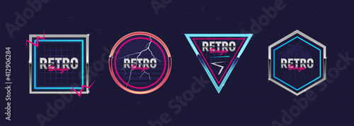 Retro futuristic neon frames. Outrun design elements. Hipster design. Retro 80's logos set for Night club, music album, invitation, banner, poster, cover. Print for t-shirt, tee. Vector illustration