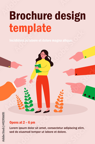 Victim of social bullying. Index fingers pointing at sad depressed woman feeling shame, guilty. Vector illustration for society conviction, denunciation, blame, accusing concept