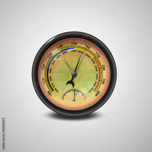 Barometer icon, vector isolated on white background. Rain and stormy, fair and very dry, change. Gold Barometer indicating atmospheric pressure change.