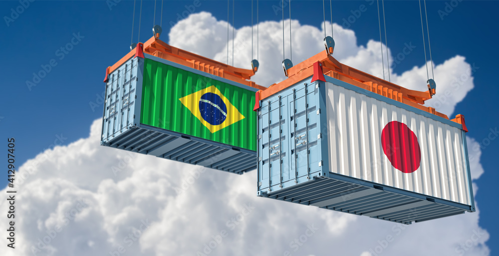 Freight containers with Japan and Brazil flag. 3D Rendering 