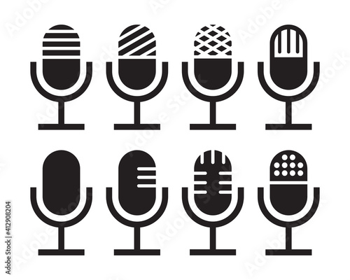 Microphone icon set isolated on white background. Podcast icon, voice recording. Retro microphone vector image.