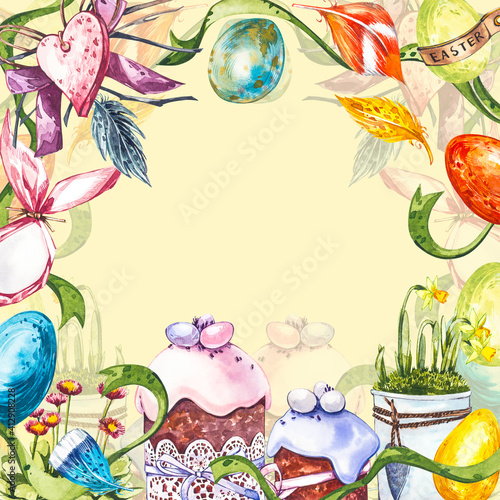Easter poster and banner template with Easter eggs in the nest on light pastel background.
