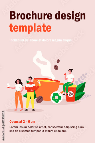 People at coffee break flat vector illustration. Tiny man and women relaxing, talking and drinking coffee. Communication and office experience concept