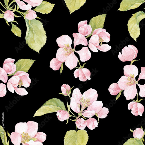 Seamless pattern with blooming apple tree branches on black. Floral watercolor background. Perfect for design templates, wallpaper, wrapping, fabric and textile.