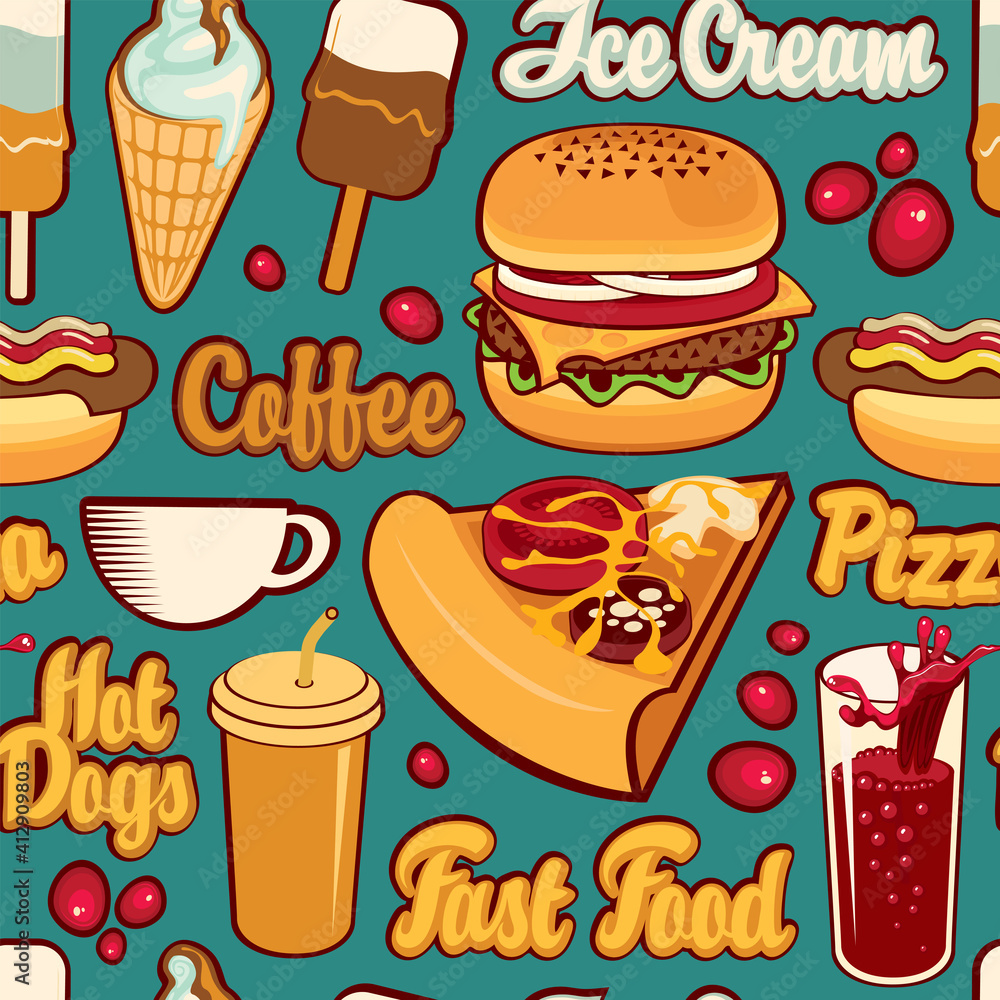 Seamless pattern with drawings and inscriptions in retro style on a yellow backdrop. Vector cartoon background on the theme of fast food with pizza, burger, ice cream, coffee, cola, hot dog Seamless pattern with drawings and inscriptions in retro style on a yellow backdrop. Vector cartoon background on the theme of fast food with pizza, burger, ice cream, coffee, cola, hot dog
