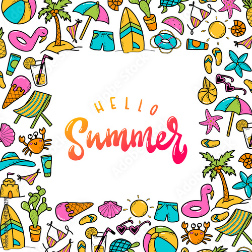 cute hand lettering quote 'hello Summer' decorated with square frame of doodles for greeting cards, posters, prints, invitation templates, etc. 