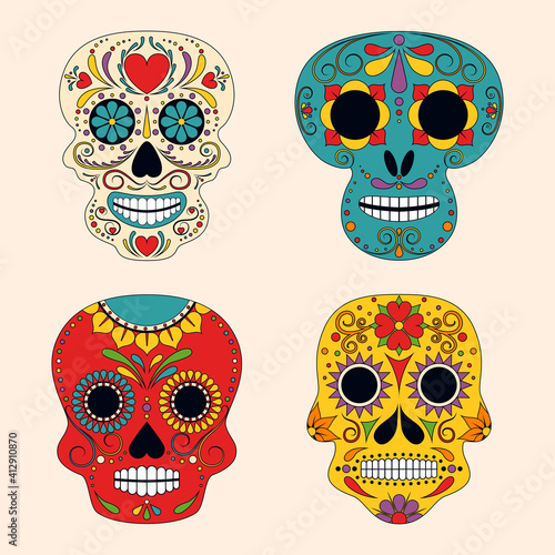 Mexican traditional religious holiday or Day of Dead. Day of the Dead or Mexico Halloween sculls collection. Decoration with sambrero and flowers.