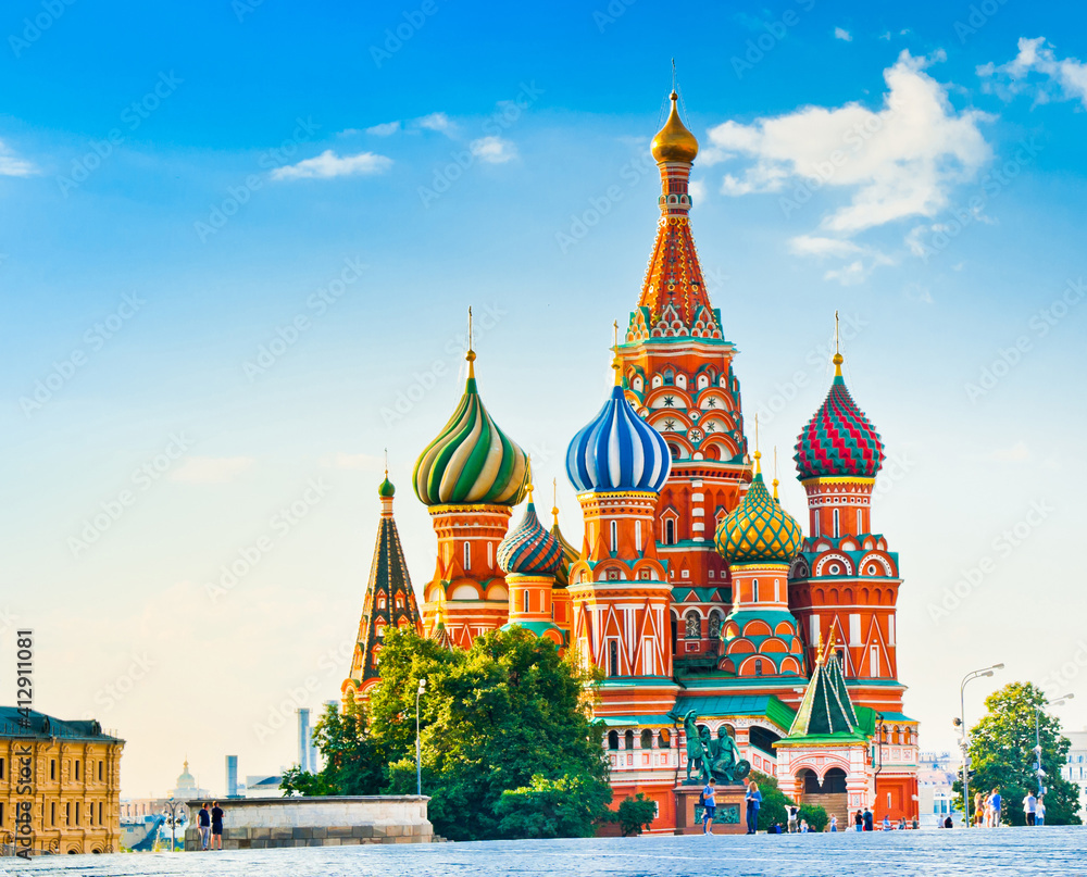 The Cathedral of Vasily the Blessed (Saint Basil's Cathedral) on Red square in summer sunny morning. Moscow. Russia