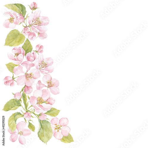 Floral watercolor background with blooming apple tree branches and place for text on white. Invitation, greeting card or an element for your design. Vertical composition.