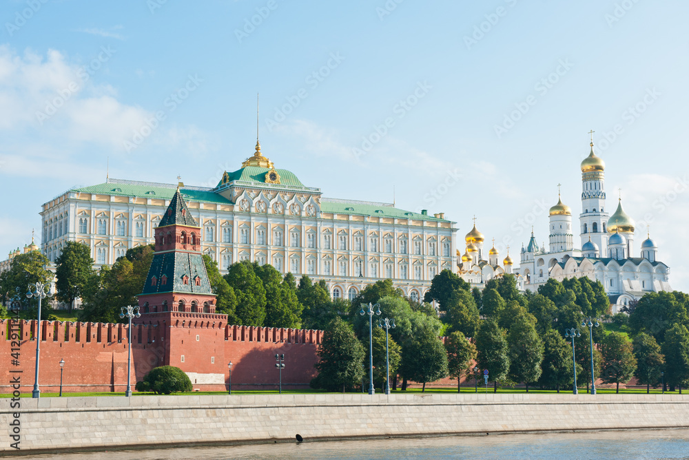 The Grand Kremlin Palace and churches of Moscow Kremlin. Sunny summer morning. Moscow. Russia
