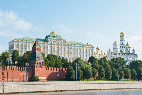 The Grand Kremlin Palace and churches of Moscow Kremlin. Sunny summer morning. Moscow. Russia