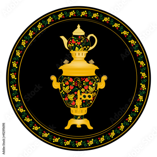 Samovar and a teapot. Decorated with Khokhloma, Russian traditional painted floral pattern. Seamless border, Khokhloma style. 