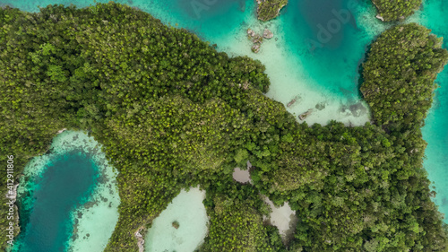 Fototapeta Naklejka Na Ścianę i Meble -  Raja Ampat Islands: Triton Bay With Turquoise Sea And Green Tropical Trees. Aerial View Of Wide Angle Nature; Pacific Ocean And Beautiful Landscape In Papua, Indonesia.