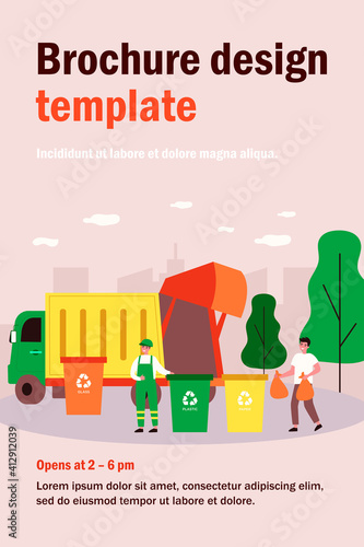Trash collection transport. Man throwing trash into bins with recycling sign. Vector illustration for refuse industry, garbage truck, city cleaning service, waste sorting concept
