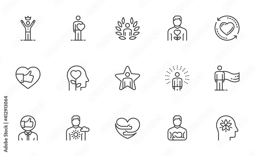 Set of Vector Line Icons Related to Self-esteem. Self-acceptance, Self-respect, Self-development. Editable Stroke. 64x64 Pixel Perfect. Set of Vector Line Icons Related to Self-esteem. Self-acceptance, Self-respect, Self-development. Editable Stroke. 64x64 Pixel Perfect.