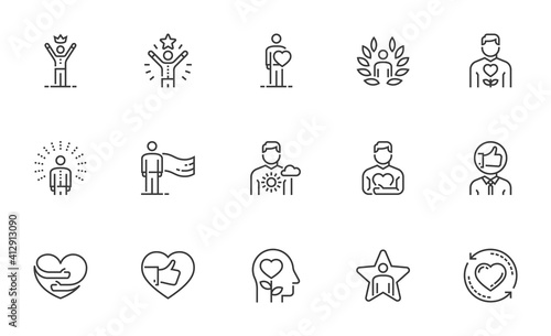 Set of Vector Line Icons Related to Self-esteem. Self-acceptance, Self-respect, Self-development. Editable Stroke. 64x64 Pixel Perfect. photo