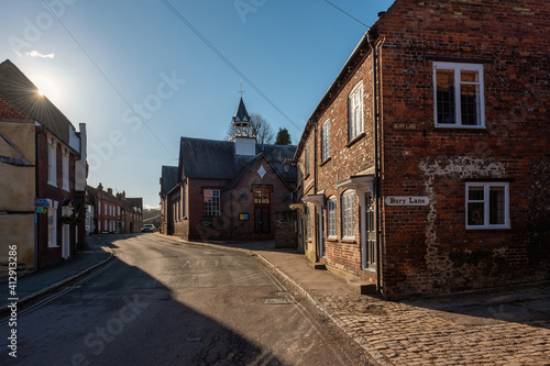 Narrow and empty Church Street and corner of Bury Line in Chesham, town in Buckinghamshire, England 