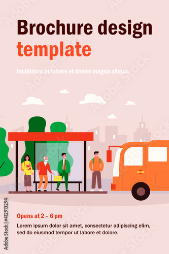 Passengers standing at bus stop. Businessman, senior man, student waiting vehicle. Vector illustration for city transportation, commuters, urban life concept