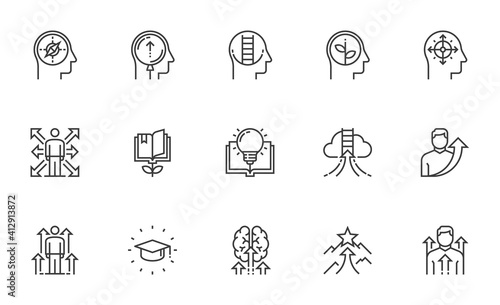 Set of Vector Line Icons Related to Self Development. Self Improvement, Personal Growth, Self Education. Editable Stroke. Pixel Perfect.