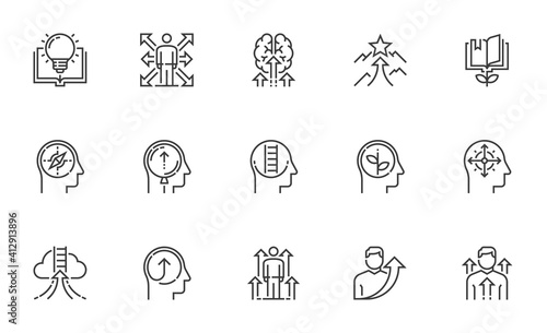 Set of Vector Line Icons Related to Self Development. Self Improvement, Personal Growth, Self Education. Editable Stroke. Pixel Perfect.