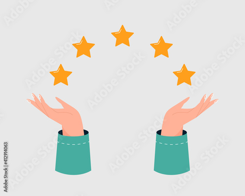 Five star rating, excellent customer experience concept. Client satisfaction, good service quality. Hands holding 5 golden stars. Online review, feedback. Isolated flat vector illustration