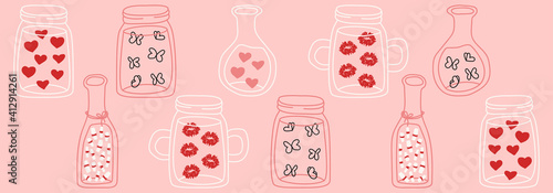 Valentine'd Day set of trendy line art jars with hearts, kisses and butterflies.