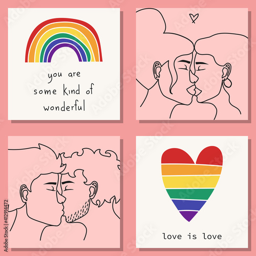Set of Valentine's Day greeting cards with lgbt elements in modern, trendy colors.