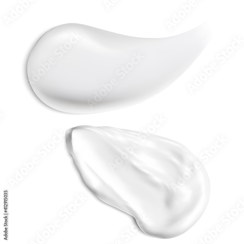 Cream texture. Isolated cosmetic cream stroke, face care gel. White cream smear isolated on background. Facial sunscreen creme smudge, milk splash illustration. Creamy foundation or moisturizer