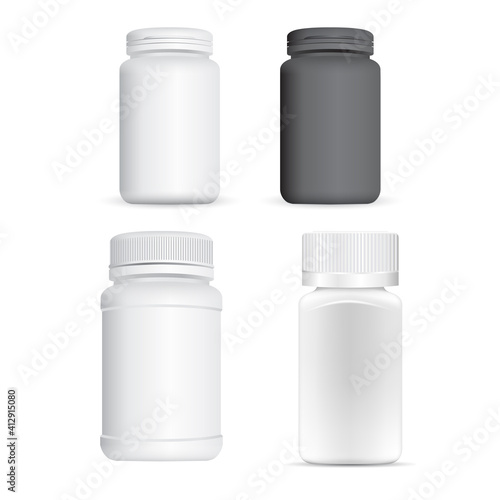 Plastic pill bottle. White supplement jar, 3d container blank. Medicine tablet pharmaceutical packaging mockup. Prescription capsule, aspirin drug jar template mock up illustration