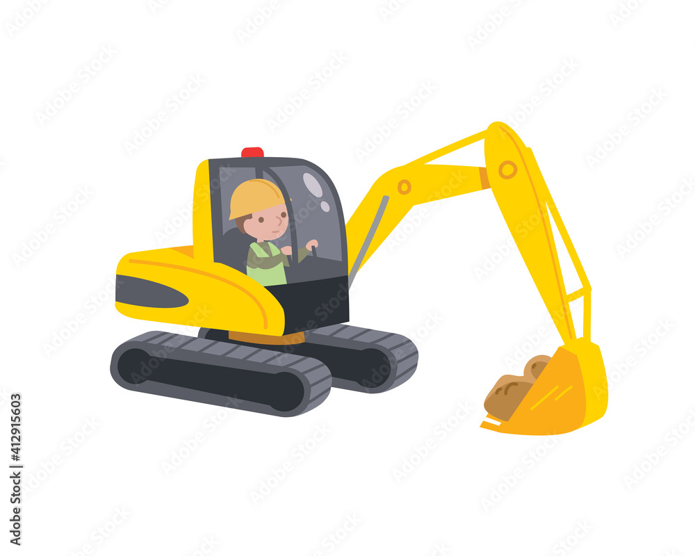 Crawler excavator, crawling digger at work digging on demolition site. Vector cartoon children's baby childish style comic illustration of a vehicle character for a book. Helper cars. Flat design. Crawler excavator, crawling digger at work digging on demolition site. Vector cartoon children's baby childish style comic illustration of a vehicle character for a book. Helper cars. Flat design.