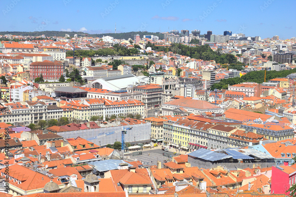 Aerial view of Lisbon and the Dom Pedro IV square, Portugal