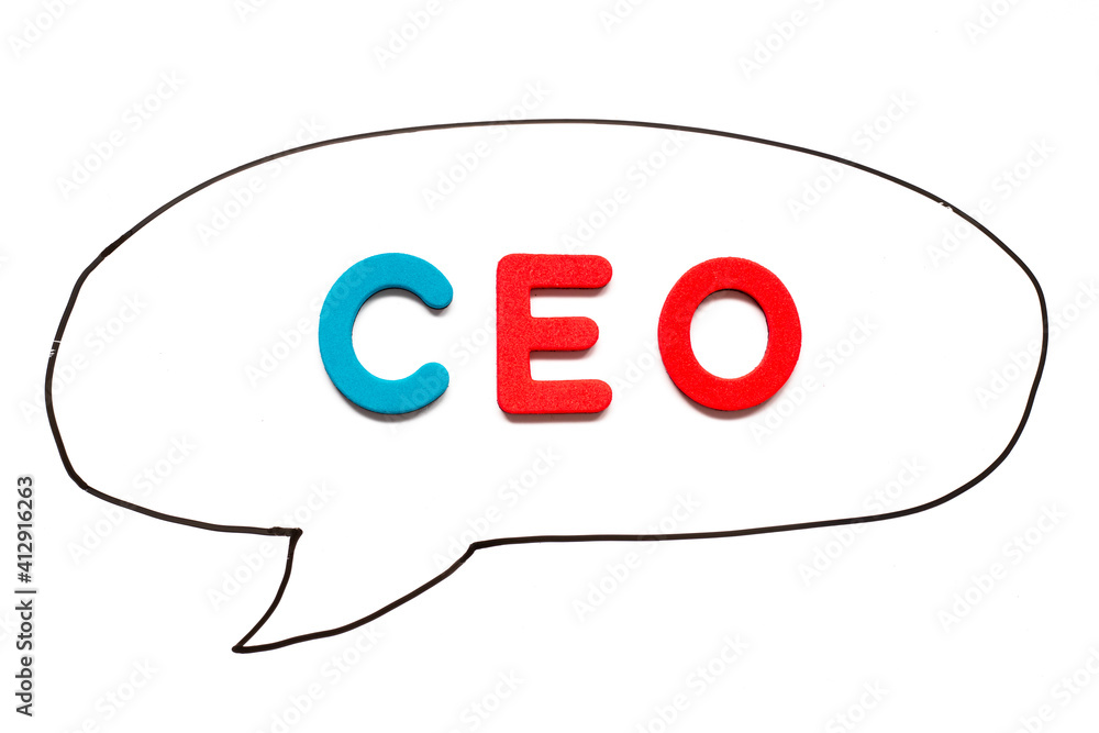 Alphabet letter with word CEO (Abbreviation of Chief Executive Officer) in black line hand drawing as bubble speech on white board background Alphabet letter with word CEO (Abbreviation of Chief Executive Officer) in black line hand drawing as bubble speech on white board background